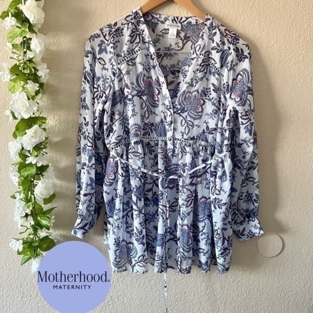 Motherhood Maternity Blue Floral Long Sleeve Waist Tie Top